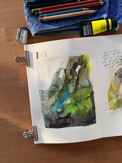 Ein offenes Skizzenbuch zeigt ein abstraktes mixedmedia Bild mit Grün und Blau sowie handschriftliche Notizen am unteren Rand. Um das Skizzenbuch herum befinden sich verschiedene Buntstifte, eine Tube Neon gelbe Acrylfarbe, ein Radiergummi und ein blaues Handtuch