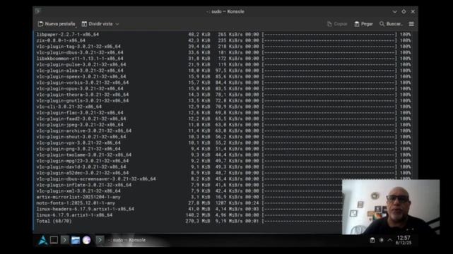 Captura de pantalla del sistema Artixlinux instalando paquetes del sistema.