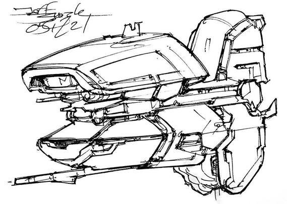 Black and white line art sketch of an imaginative sci fi spaceship. Each one is very different. This looks like a ship made from Princess Leia's Boussh bounty hunter helmet from ROTJ, with a tall engine pod stuck on the back.