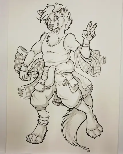 Client's dog anthro character wearing various clothes and holding up Flannel shirts
