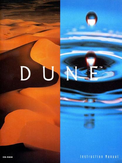 The Dune CD-ROM cover art

It is bisected vertically in the center by two side by side photos.

Left: a massive desert in the middle east with a sinuous crest line along several dunes

Right: a droplet of water freeze-frame, as it falls into a large pool of water