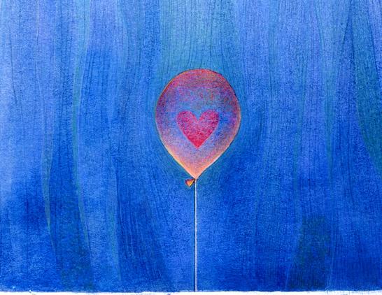 On a watercolor background of blue, two thirds of which is water with pale vertical stripes and the top one third a highly textured sky with yellow sun. Frantically treading water at the surface, an orange sullen creature with yellow horns peeks above. At the very bottom of the picture, deep within the water and tied with a string, a pinkish balloon gently floats. Inside it is a red heart. (Partial Image)