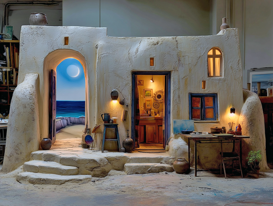 Inside a cluttered artist's studio is a cozy clay-walled house; in that, an arched doorway opens to a portal to a beach planet.