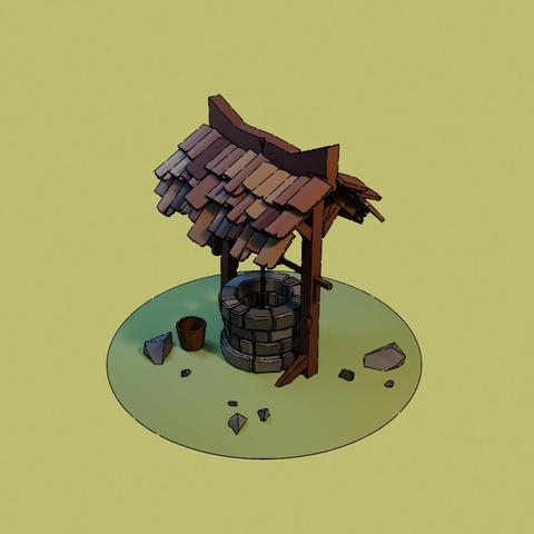A 3D render of a stylized wooden well with a thatched roof, situated on a circular patch of ground. Accompanying elements include a bucket and several scattered stones. The background features a solid color.