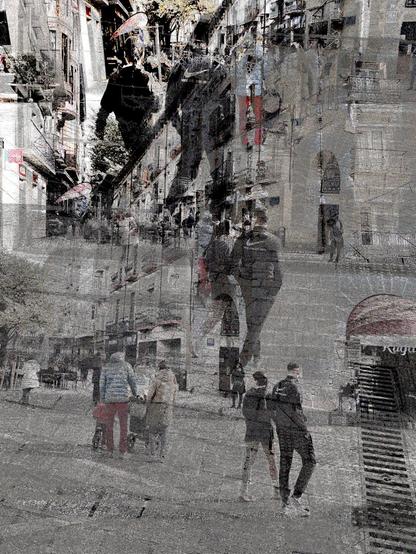 Huesca digital edited multiple exposure street photography, made with the GNU Image Manipulation Program + G'Mic filters + Tenacity.