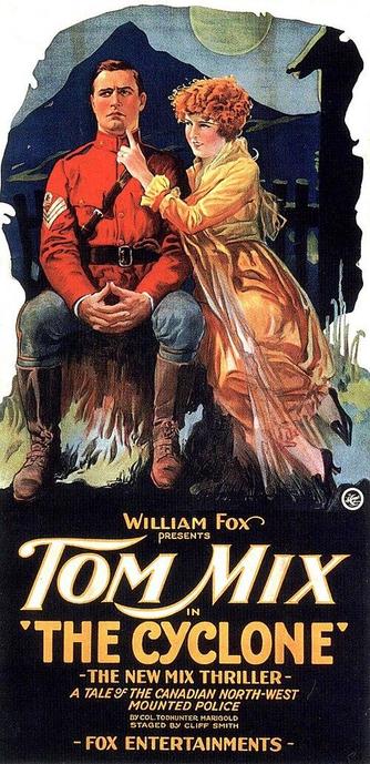 Theatrical release poster. The poster is dominated by a dramatic scene featuring two main figures: a man in a red uniform and a woman in a flowing dress.
The man, likely Tom Mix, is depicted in a Royal Canadian Mounted Police uniform. He is seated with his hands clasped in his lap, exuding a sense of stoicism and authority. His uniform includes a red jacket with a high collar, a black belt, and a badge on his sleeve. He wears light blue breeches and tall brown riding boots. His expression is serious and determined.
The woman is positioned beside him and slightly behind. She is wearing a long, flowing dress in shades of yellow and orange. She has curly red hair and is gently touching the man's neck with her index finger, as if to calm him or draw his attention. Her expression is one of concern and perhaps affection.
The background of the poster suggests a nighttime outdoor setting.
