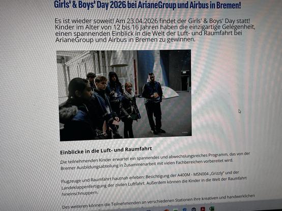 Image shows a group of children and a supervisor in a modern setting, likely participating in an educational event. The background features elements related to aerospace, indicating a focus on aviation and space. The text mentions the Girls' & Boys' Day 2026