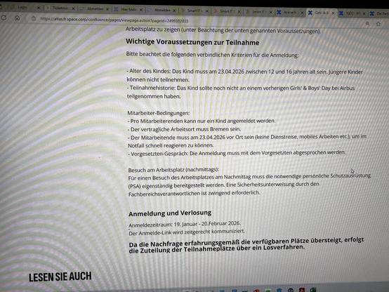 The image displays a webpage with guidelines and requirements for participation in a children's event organized by Airbus. Key points include age restrictions, employee conditions, and registration details. The text is in German, outlining criteria for children's eligibility and the application timeline.