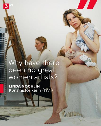 Eine Frau sitzt Modell. Sie hat ein Baby auf dem Schoß und ein zweites Baby im Arm. Dahinter sitzt eine weitere Frau an einer Staffelei und malt. Titel eines Essays von Kunsthistorikerin Linda Nochlin (1971): Why have there been no great women artists? Warum gab es keine großen Künstlerinnen?