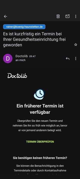 Screenshot einer angeblichen Mail von Doctolib die einen ominösen früheren Termin anbietet, aber wohl nur die Zugangsdaten abgreifen will.