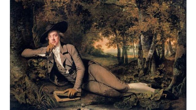 An oil painting from 1781 depicting Sir Brooke Boothby, painted by Joseph Wright of Derby. The figure is also reclining on her side, propped up on one elbow, with one hand resting on a book with “Rousseau” written on the spine. The scene is set in a forest.