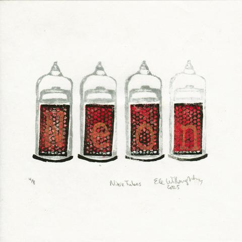 My 8” x 8” Lino block print ‘Nixie Tubes’ on Japanese paper shows 4 Nixie tubes in a row spelling ‘Neon’. Each glass tube is printed in silver and looks like a cylinder with a top like an onion dome. Inside the tubes you can see some hardware for holding the anode and cathodes shaped to produce alphanumeric characters. On top of this is a reddish orange rectangle, a black honeycomb mesh anode and shadow round the base of the tubes and in bright pale orange the letters N, e, o, and n on the series of tubes.