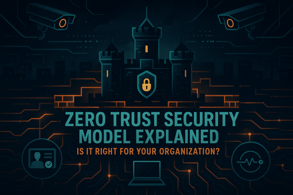 Digital fortress representing Zero Trust security with layered network defenses, identity verification, and endpoint monitoring, symbolizing proactive cybersecurity.