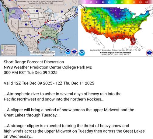 Valid 12Z Tue Dec 09 2025 - 12Z Thu Dec 11 2025

...Atmospheric river to usher in several days of heavy rain into the
Pacific Northwest and snow into the northern Rockies...

...A clipper will bring a period of snow across the upper Midwest and the
Great Lakes through Tuesday...

...A stronger clipper is expected to bring the threat of heavy snow and
high winds across the upper Midwest on Tuesday then across the Great Lakes
on Wednesday...