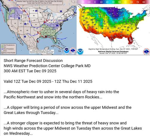 Valid 12Z Tue Dec 09 2025 - 12Z Thu Dec 11 2025

...Atmospheric river to usher in several days of heavy rain into the
Pacific Northwest and snow into the northern Rockies...

...A clipper will bring a period of snow across the upper Midwest and the
Great Lakes through Tuesday...

...A stronger clipper is expected to bring the threat of heavy snow and
high winds across the upper Midwest on Tuesday then across the Great Lakes
on Wednesday...