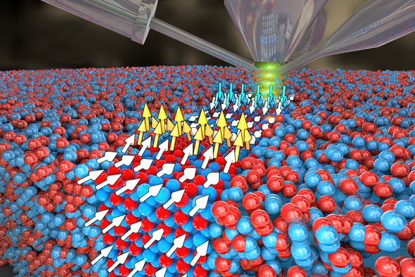 Localized vertical spins through geometric confinement: A nano-focused neon ion beam creates a spatially limited lattice order in an alloy. This results in ferromagnetism whereby spins align vertically to the material surface – useful for data storage and quantum bits.

Source: Sander Münster/HZDR