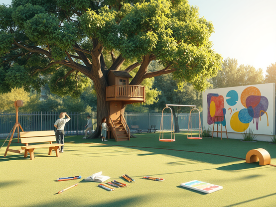 Children enjoying a playground with a treehouse, swings, and mural art under the shade of a large tree.