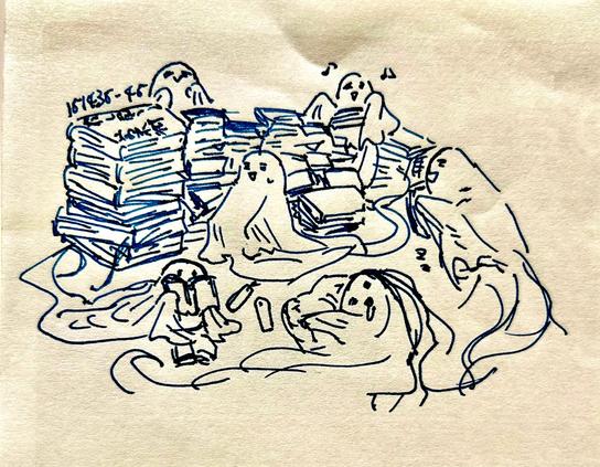 心の中の自分達が楽しそうに本を積んでくる