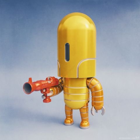 Cute little yellow 3D robot character, holding a ray gun.