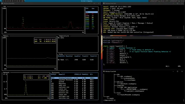 DWM running on Windows, on the left side there is terminal with BTM (the Bottom) task manager opened, on the right side there are 3 terminals with (from top to bottom) fastfetch, vim, and tree inside of DWM source dir.