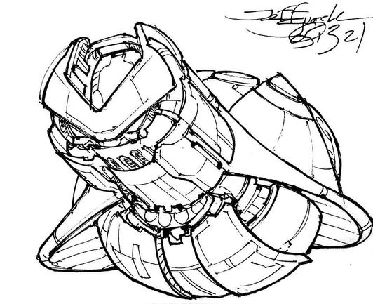 Black and white line art sketch of an imaginative sci fi spaceship. Each one is very different. A roly-poly ball with stubby fish wings and a very grumpy, heavy "eyebrow"-ed front end.