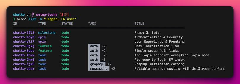 A terminal window running "beans list -S "loggin~ OR user"", with beans showing a list of issues that contain the word "user" or something that fuzzily matches the faulty word "loggin"