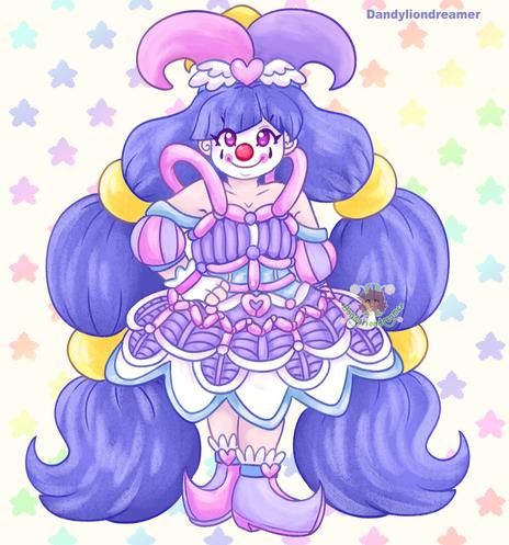a clown own with long purple ponytails and wearing a jester hat, a balloon outfit, and jesterlike shoes, posing towards the viewer with a smile