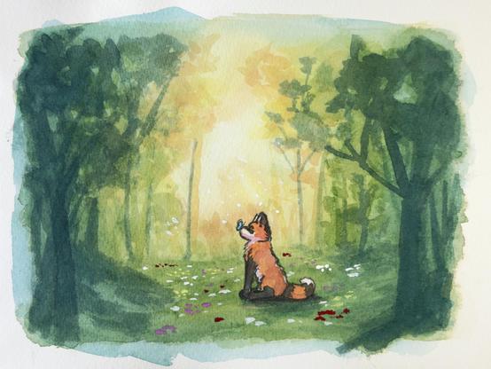 A watercolor painting of a small fox sitting in a sunny forest with a butterfly on their nose.