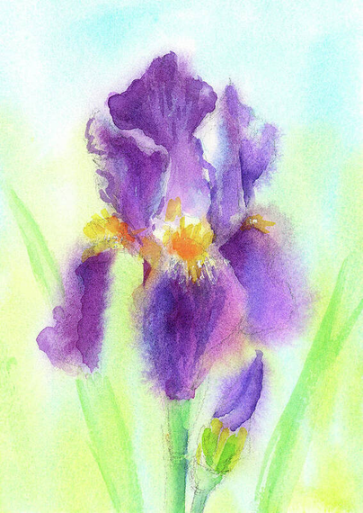 Purple Iris is a watercolor painting in portrait format painted by artist Karen Kaspar. A beautiful Iris blossom with a bud and green leaves is blooming in a summer garden.