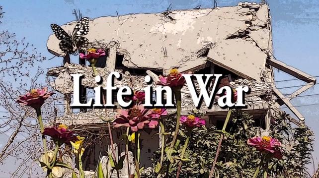 Picture of a destroyed building where flowers are growing and the title "Life in War"