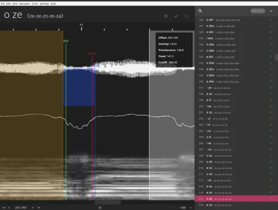Screenshot shows VLabeler, a program created to make oto.ini easier, and yet, feels like hell. Currently on note 215 out of... 951.