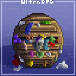 Pixel art of a stuffed drawer that's overflowing with clothes and other junk.