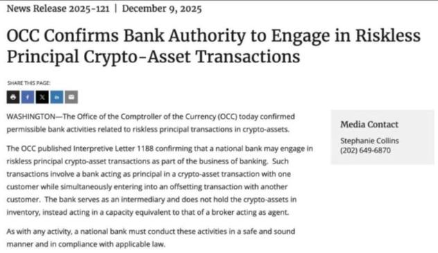 OCC authorizes U.S. banks to execute riskless-principal Bitcoin transactions unlocking regulated execution without balance-sheet exposure