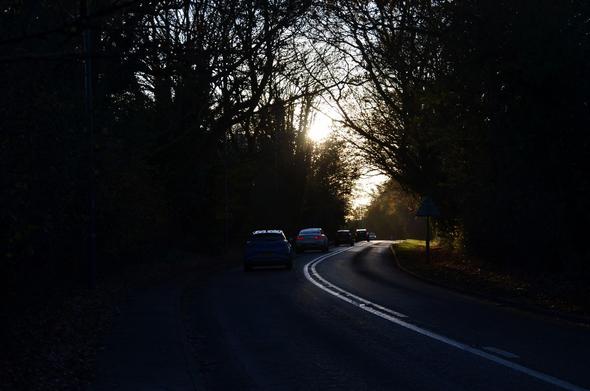 Description by Gemini Fast: A view of a winding, two-lane road at dusk or dawn, dramatically framed by dark, silhouetted trees and roadside foliage. The road curves into the distance where a burst of brilliant white sunlight breaks through the canopy, heavily backlighting a line of four cars, two of which have visible brake lights. The foreground of the road is dark, highlighting the double white dividing lines.