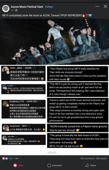 A screenshot of a post in another SNS platform showing the comments from Kpop fans about how a lone Ppop idol male group owned a Kpop dominated event.