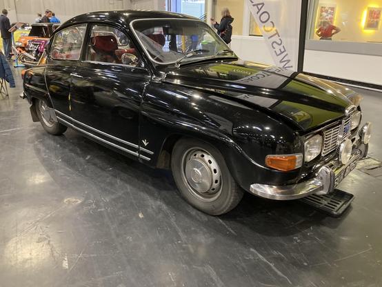 Black Saab 96, front quarter view