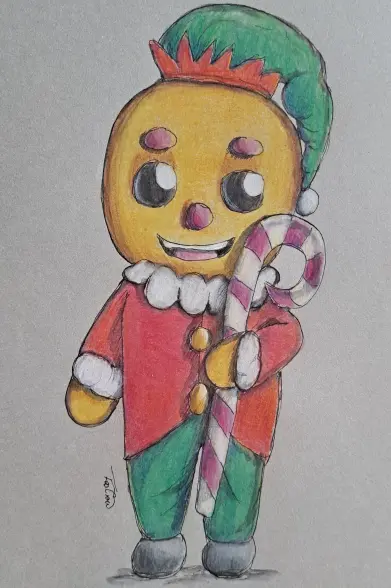 Colored drawing of a large gingerbread man who is holding a big candy cane in their left hand.
They were a red jacket with white edges on the sleeves and collar, as well as two golden buttons it, green pants and grey shoes. 
On their head the gingerbread man wears a green hat which looks like a sleeping hat that has something of a red edge shaped a bit like a crown.
The candy cane is reaching from their cheek to almost their feet and the man is smiling while facing the viewer. The noes and the brows are made of what looks a bit like pink sugar decorations, the eyes are round and black brown, with a white light spot on the upper right side.