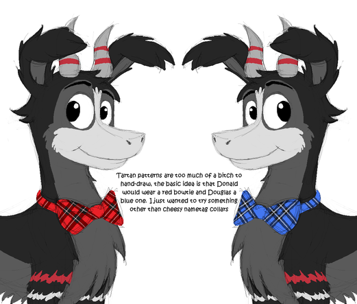 Concept of Donald and Douglas as feral furries having differently coloured bowties to distinguish them, red and  blue respectively