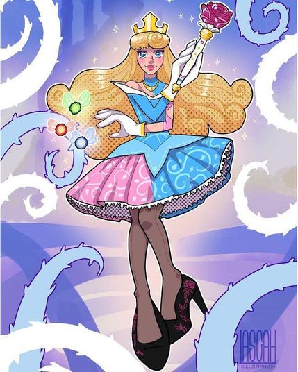 Full Body illustration of sleeping beauty as a magical girl