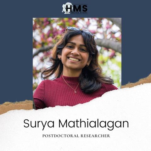 The picture shows the Her Maths Story logo on top, below is a portrait photo of Surya Mathialagan. Below the photo it says her name and postdoctoral researcher.  She’s wearing a red sweater, has long dark hair and wears sunglasses in her hair. The background is natural with a picture of a tree.