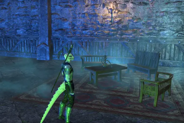 the smoking corner. a red rug with gold and blue patterns is on the ground. three benches surround a small table with a hookah. there are misty clouds around it all. scene is lit with green and blue light.