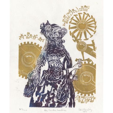 As described, my linocut print shows Lady Ada, based on engravings made during her lifetime, printed in purple, before gears of the Charles Babbage Analytical Engine, based on one of his blueprints, printed in bronze. Depicted around the gears are equations relating how to calculate Bernoulli Numbers.