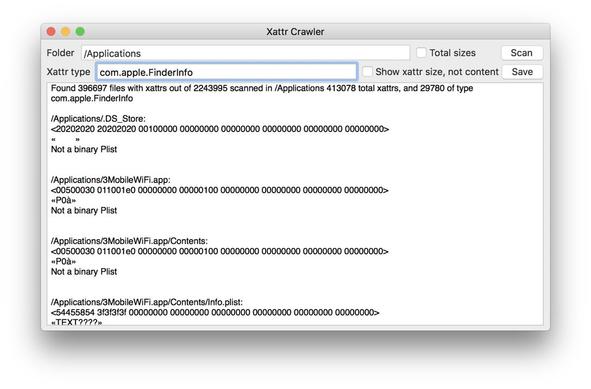 <p>The first thing I discovered when I started hunting provenance extended attributes (xattr) was a bug in my free utility xattred. This can result in the app crashing when using its Crawler to explore xattrs on items in a folder. I have fixed that in this new version 1.7, available below.</p>
<p>My hunt was by and large successful, with a great many com.apple.provenance xattrs caught. There are some interesting problems, though.</p>
<p>Looking through the contents of the main Applications folder, there are three groups of apps:</p>
<ul>
<li>Those with Apple certificates, including bundled apps and those delivered through the App Store (which are all signed by Apple, not their developer), which have no provenance xattr as they don&#8217;t register with provenance tracking.</li>
<li>Apps with third-party certificates that have been installed simply, which have a single provenance xattr on the app bundle containing that app&#8217;s provenance ID.</li>
<li>Apps with third-party certificates that have been installed or updated using a third-party app such as their Sparkle update mechanism, whose entire contents have provenance xattrs attached by the installer/updater, so not bearing the app&#8217;s provenance ID.</li>
</ul>
<p>Examining files in the ~/Documents folder, there are plenty with provenance xattrs, and a great many with quarantine xattrs bearing information about their history including origin. Although some of the provenance IDs on them don&#8217;t match with those of