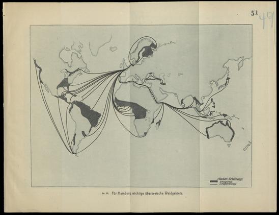 Hand-drawn map of the world with shaded areas of primeval forest (including the Brazilian Amazon, Finland, Central West Africa, the coast of Australia, among several others) and lines showing the sea-bound trade routes along which timber was shipped to Hamburg. The caption reads: Important forest areas for Hamburg.