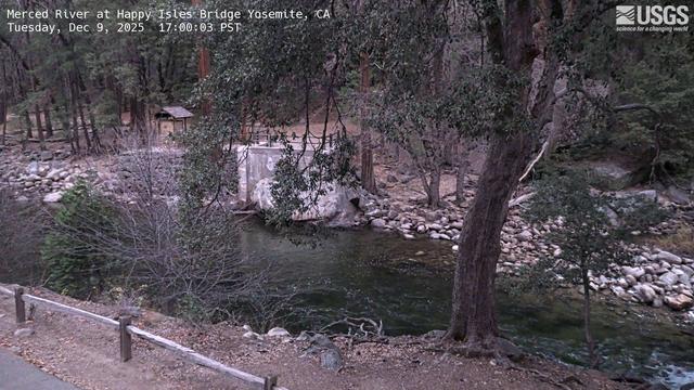 From here, you can see the Merced River as it flows past Yosemite Valley's Happy Isles Gaging Station, which the US Geological Survey has maintained for over 100 years.