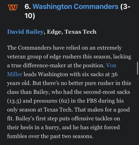 ESPN Mock Draft: Commanders select David Bailey (Field Yates)