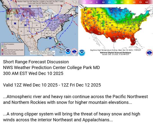 Valid 12Z Wed Dec 10 2025 - 12Z Fri Dec 12 2025

...Atmospheric river and heavy rain continue across the Pacific Northwest
and Northern Rockies with snow for higher mountain elevations...

...A strong clipper system will bring the threat of heavy snow and high
winds across the interior Northeast and Appalachians...