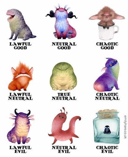 little monsters representing the good/neutral/evil alignments. Lawful good is a little dinosaur type creature, neutral good is a black horned, blue chested smiling monster. Chaotic good is a little furry creature sitting in a white mug. Lawful neutral is orange and fluffy with a white moustache, true neutral is fat, green and round with a pale belly and a smile. Chaotic neutral is a purple creature with three eyes and a pink bottom and green tummy. Lawful evil is a purple creature with a pale belly and six ears and black horns. Neutral evil is a jolly looking red creature skipping along with a big smile. Chaotic evil is a very small black creature inside a jar with glowing white eyes.