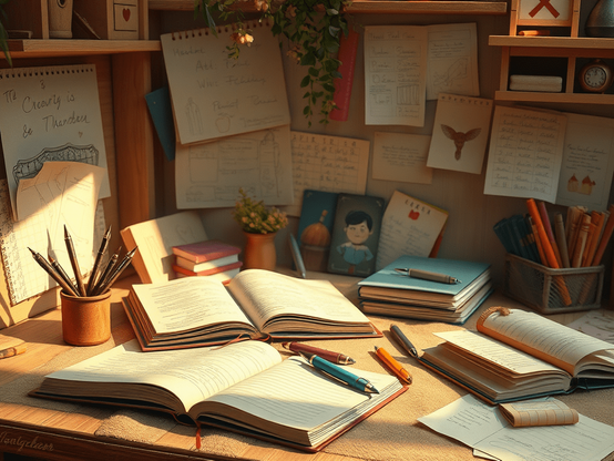 A cozy workspace with open notebooks, colorful pens, and a bulletin board filled with notes, bathed in warm light.