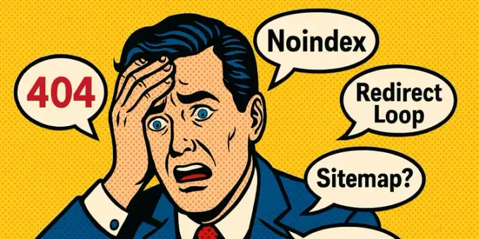 Ein Mann mit panischem Gesichtsausdruck fasst sich an die Stirn. Um den Kopf Sprechblasen "404", "Noindex", "Redirect Loop", "Sitemap". Verzweiflung nach Relaunch einer Website. Comic-Stil